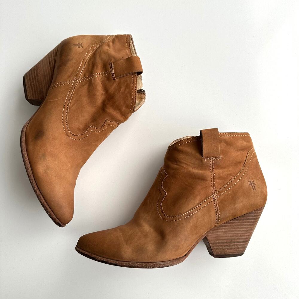 Frye Reina Cognac‎ Nubuck Side Zip Stack Wood Heel Cowboy Western Ankle Boots 10